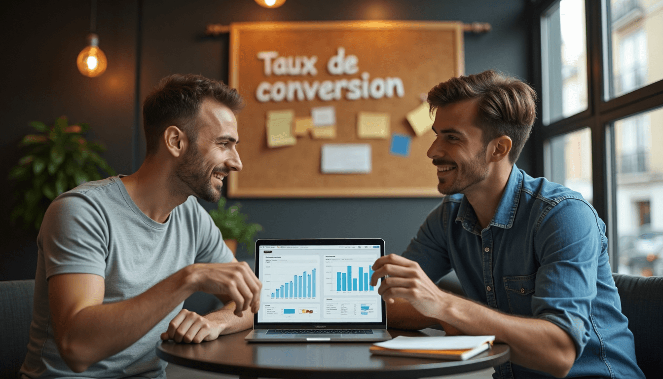 Marketers discuss conversion data with visible dashboard