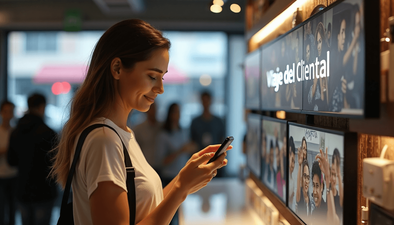 Cliente consulta móvil junto a quiosco digital en tienda
