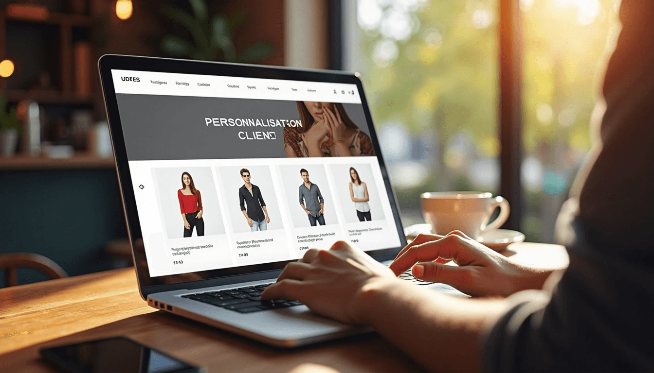 Person browsing personalized e-commerce with 'Personnalisation Client' overlay