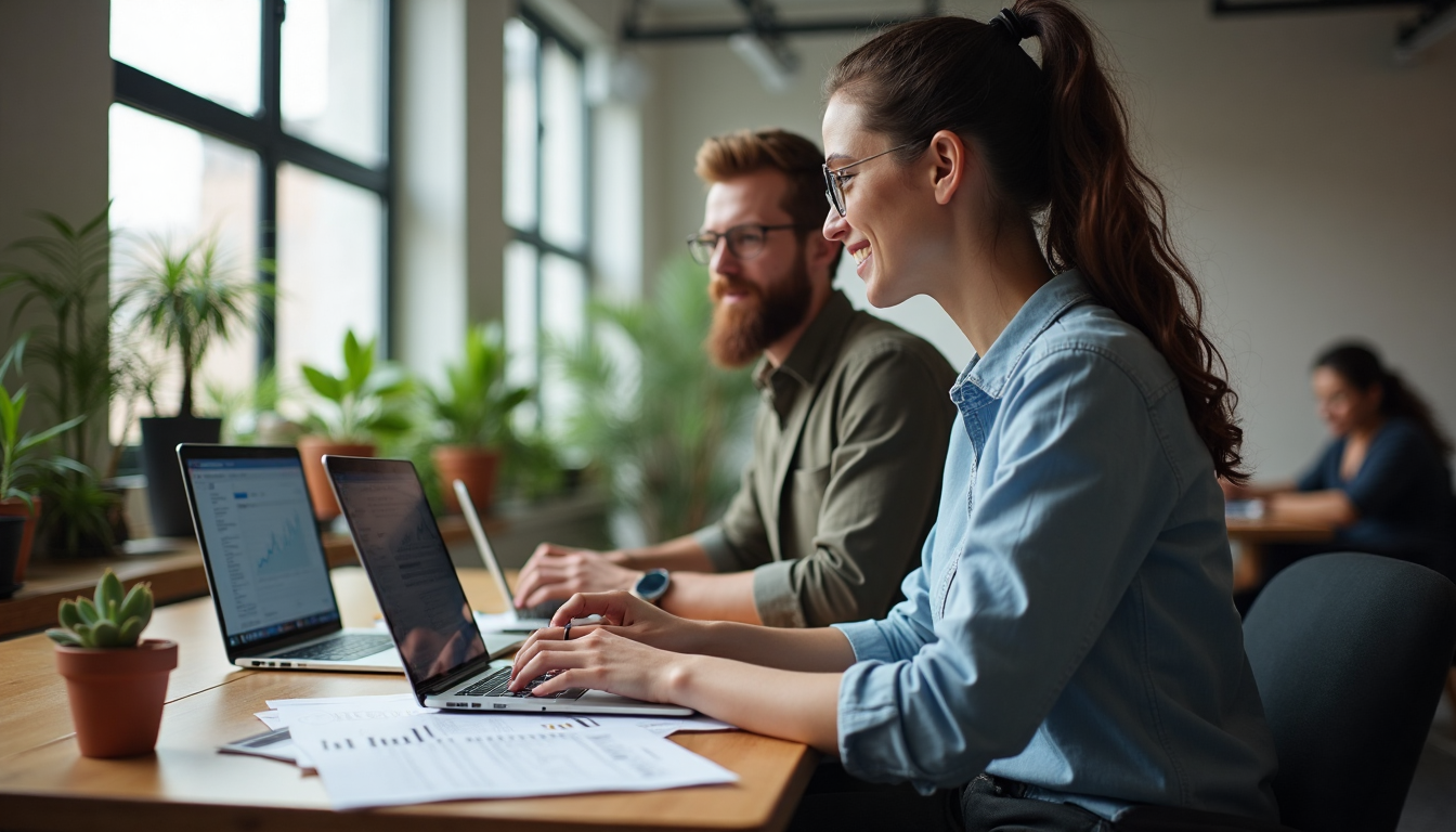 Marketers reviewing A/B testing report together on laptop