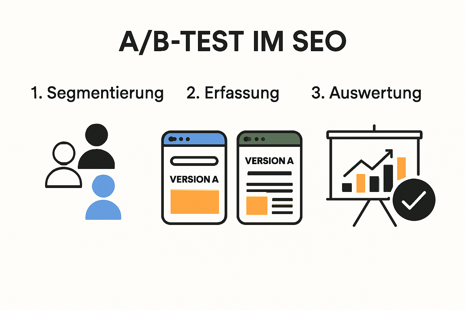 Infografik: Ablauf eines AB Testing SEO und wichtigste Metriken