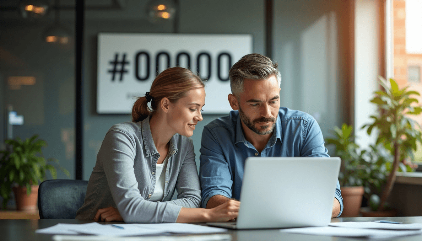 Colleagues collaborate at desk with 'Pilot opzetten' text on poster in background