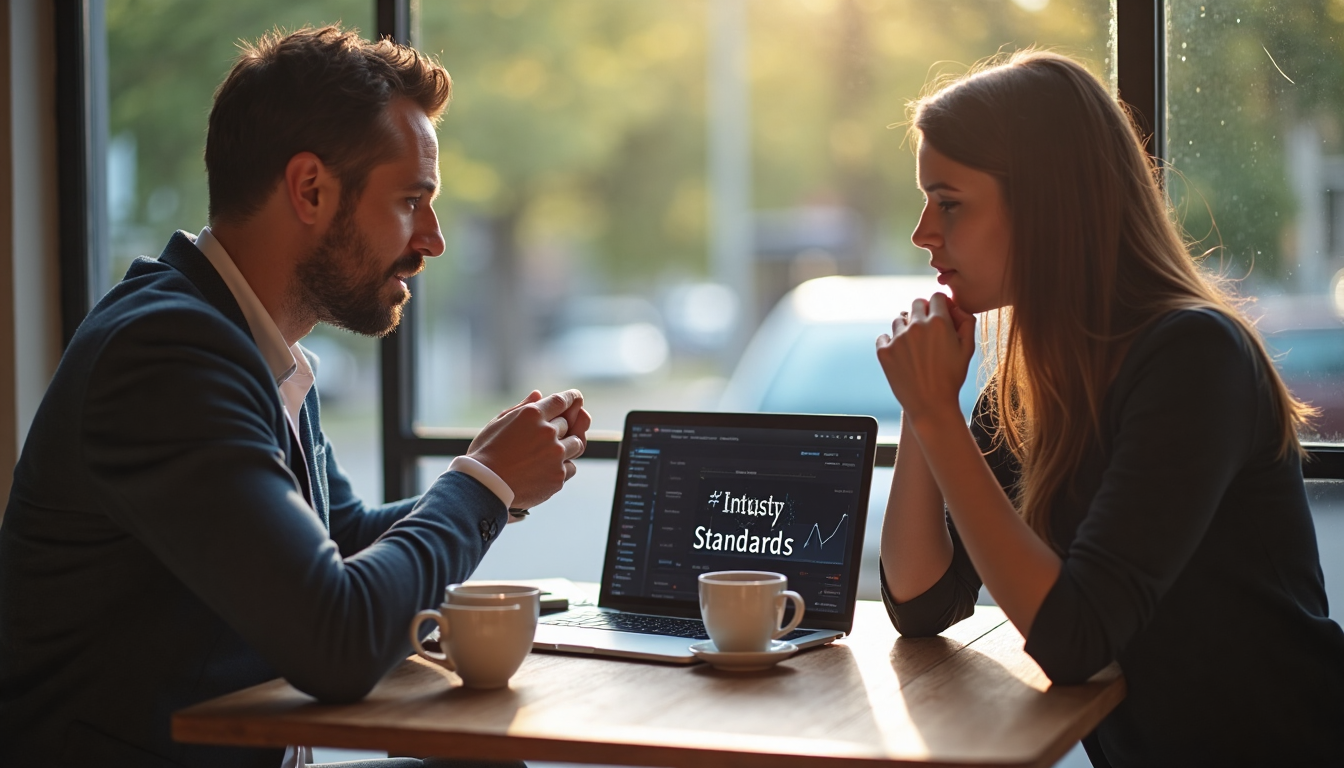 Colleagues discuss industry web standards over laptop in café