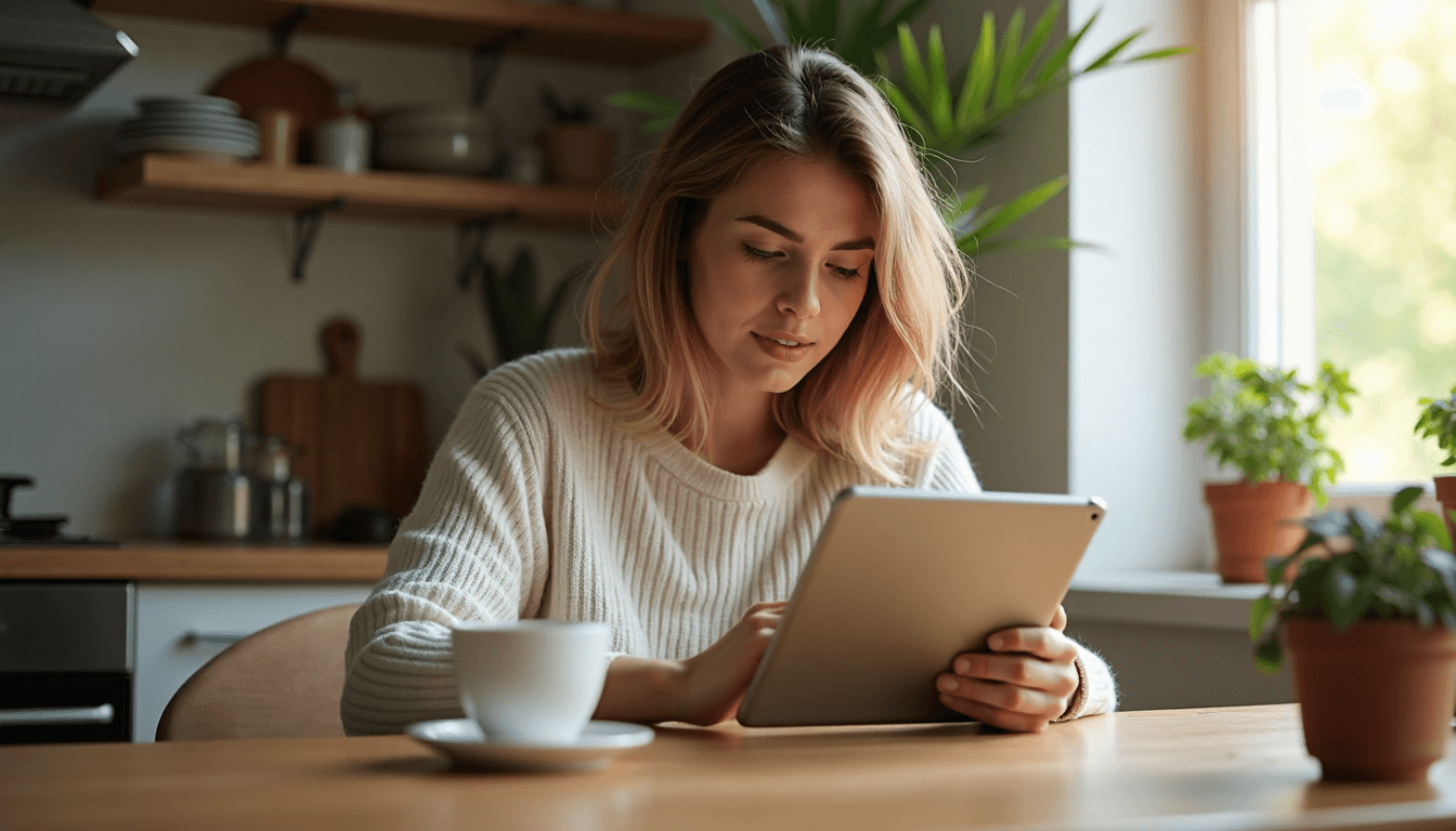 Woman using tablet for e-commerce site user journey at home