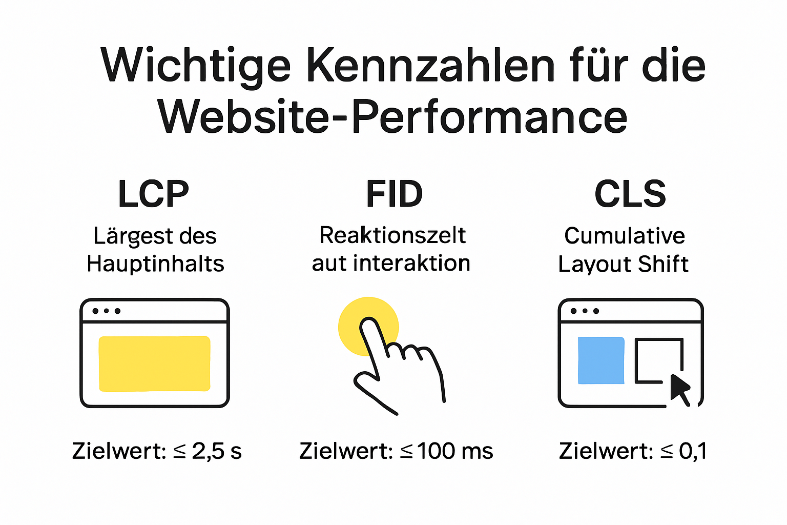 Infografik der wichtigsten Core Web Vitals mit Zielwerten