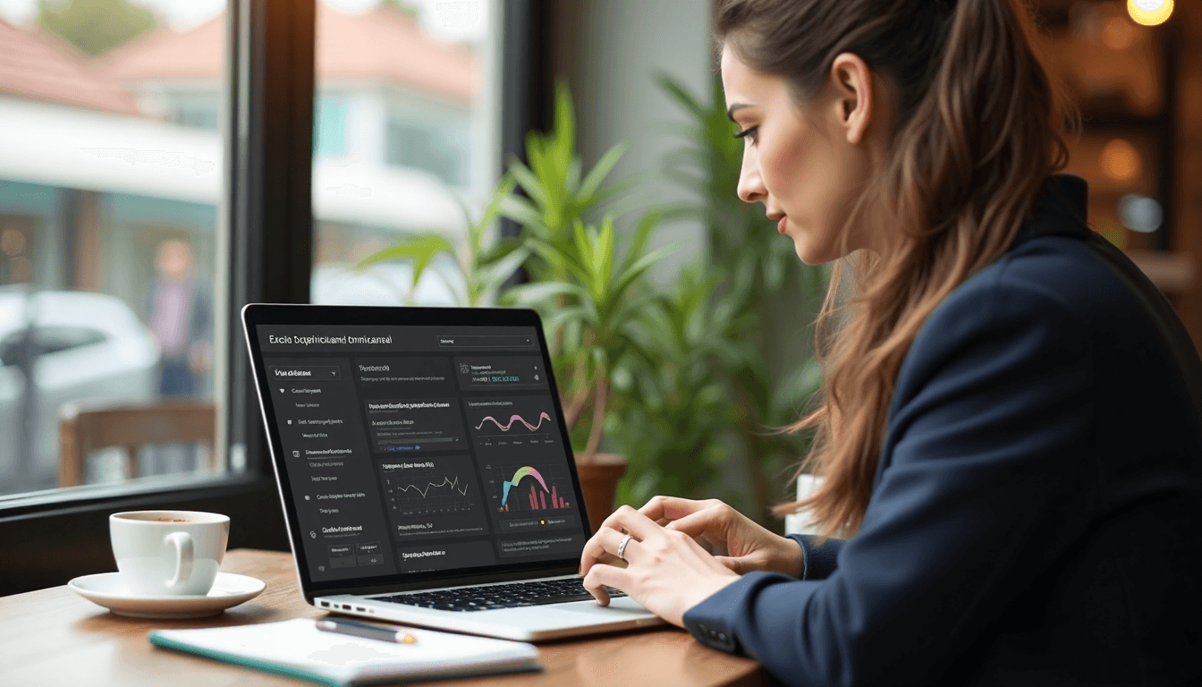 Businesswoman in cafe checking dashboard with 'Éxito omnicanal' notification