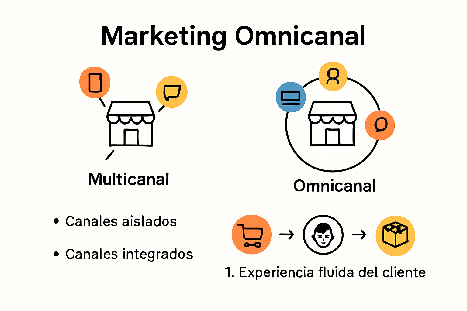 Diferencias entre marketing omnicanal y multicanal con ejemplo visual.