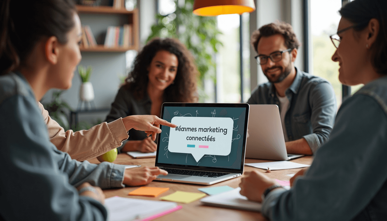 Marketing team collaborating with 'équipes marketing connectées' on laptop screen