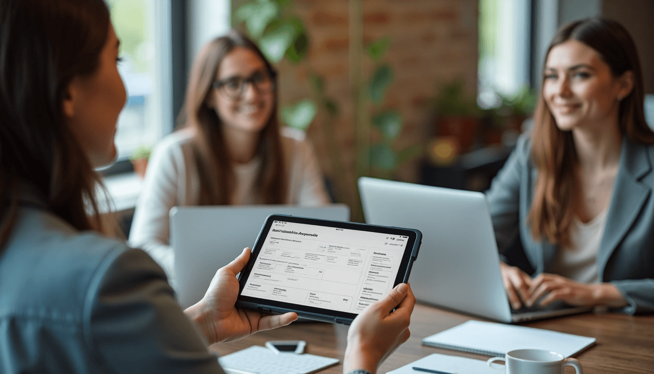 Zwei Analystinnen vergleichen Marktführer-Tools am Tablet