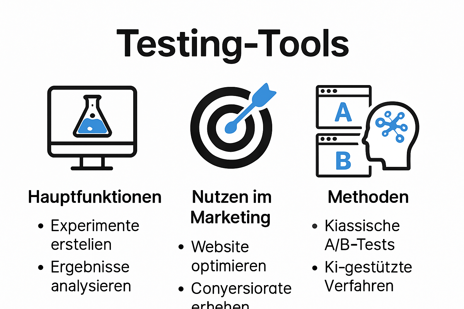 Infografik erklärt Funktionen und Nutzen von Testing Tools im Marketing