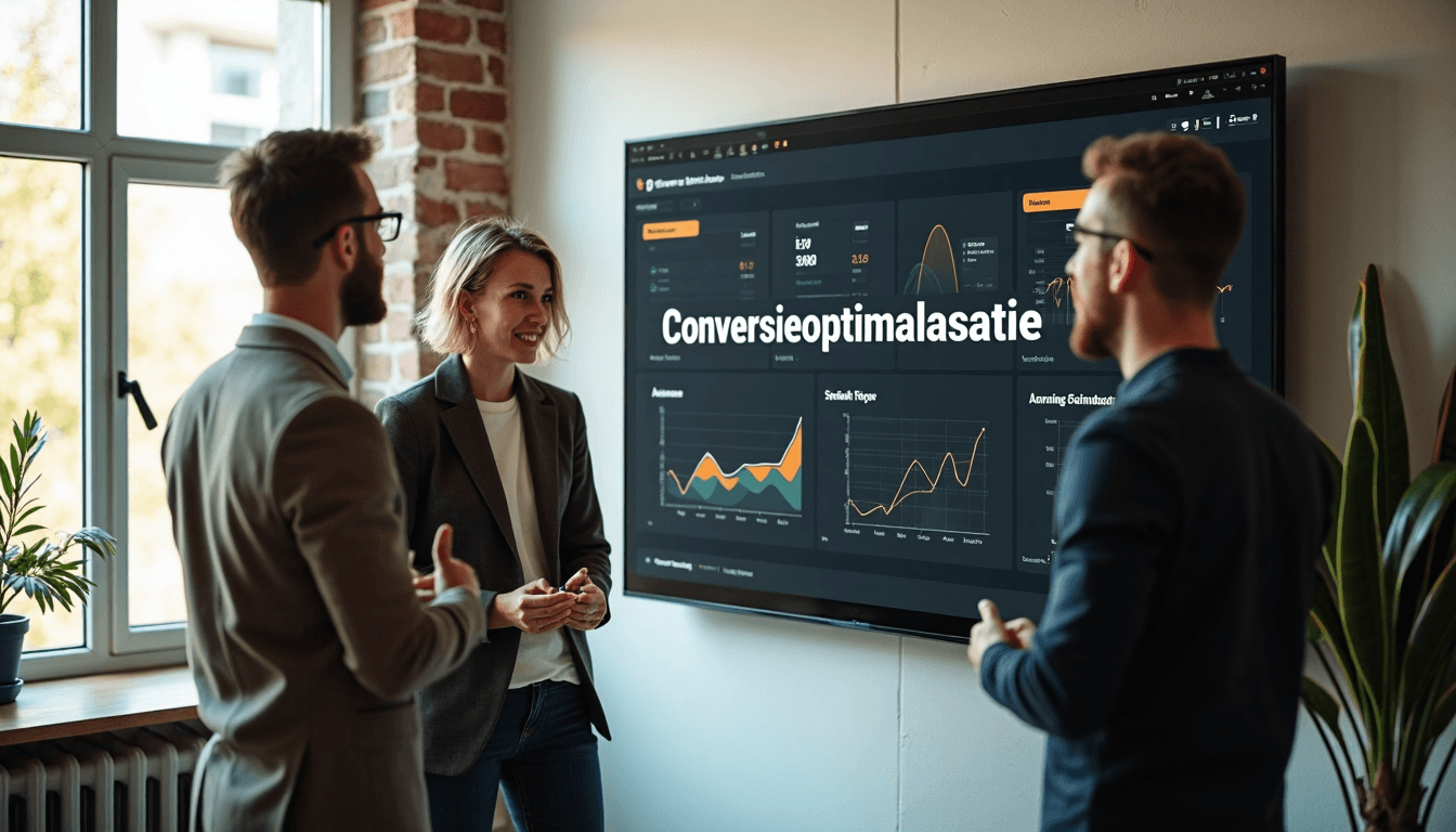 Three colleagues collaborate on conversion optimization at office