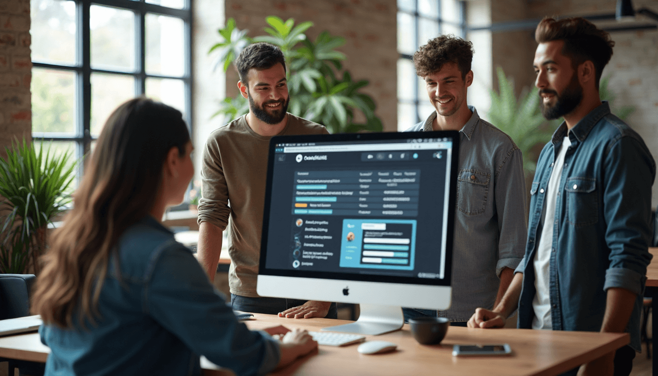 Startup team comparing A/B tested landing pages on computer display