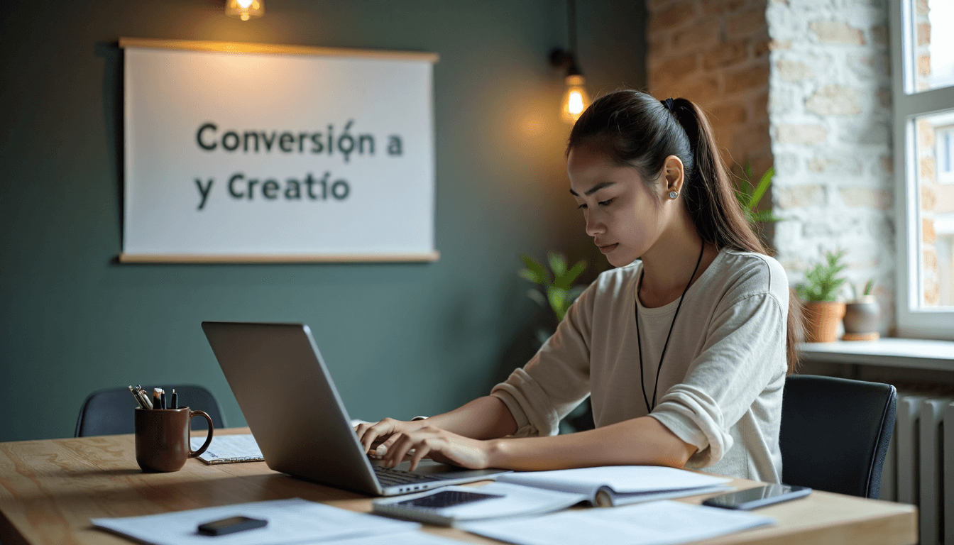 Profesional revisando gráficos de conversión en laptop en oficina