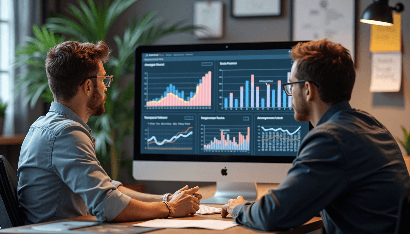 Twee marketeers analyseren statistische valkuilen op monitor in lichte kamer