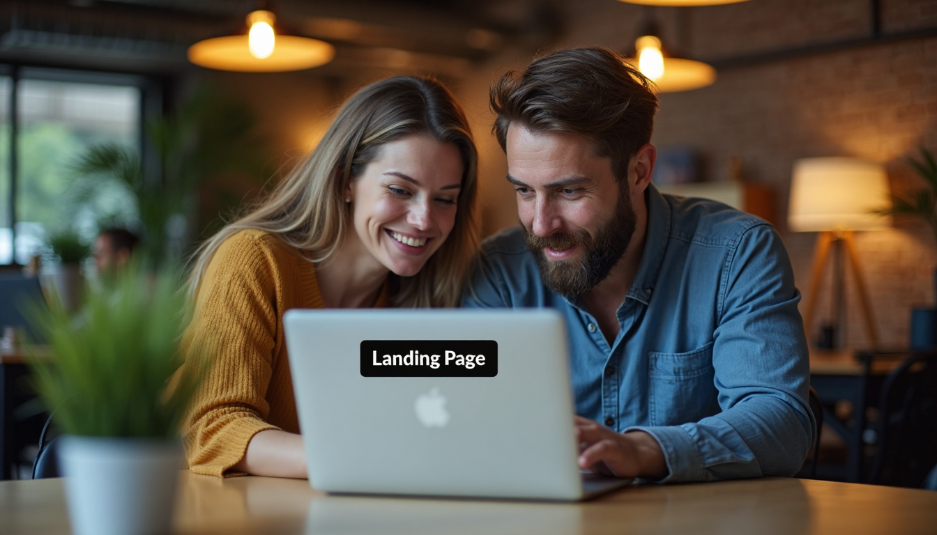 UX designer and marketer compare landing page versions on laptop