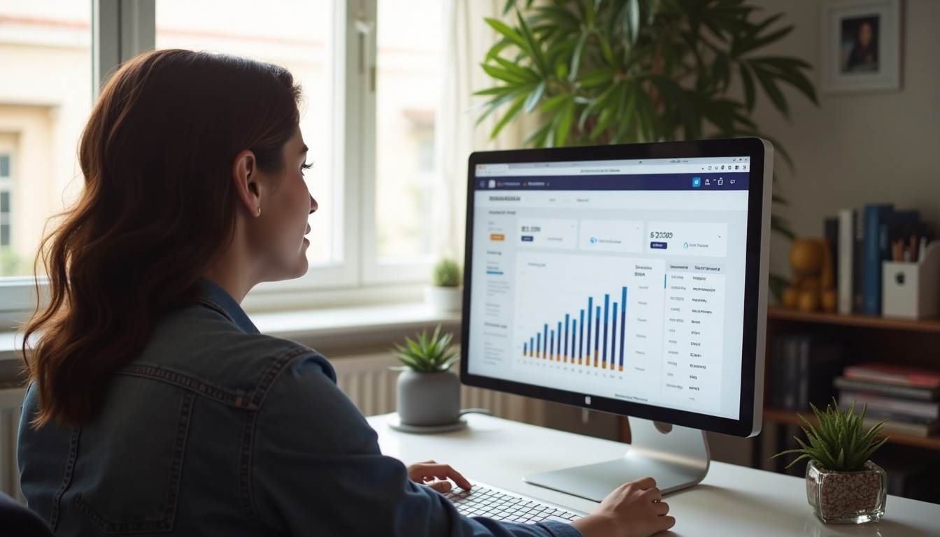 Young professional viewing analytics with 'impulsa conversiones' on screen.