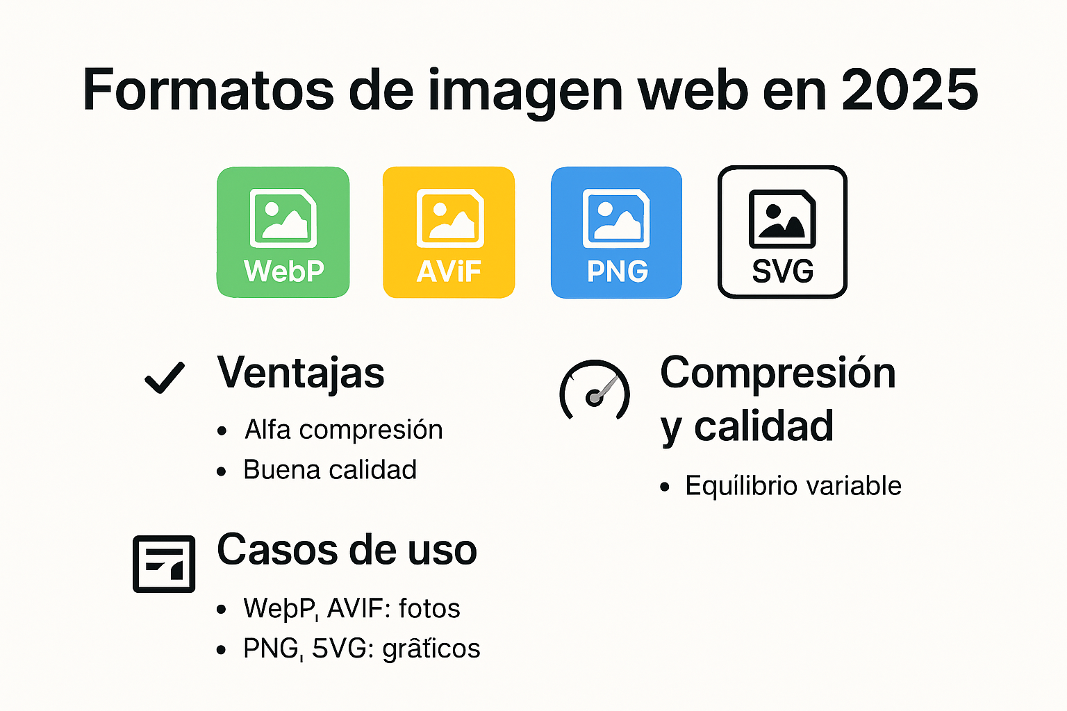 Comparativa visual de formatos de imagen recomendados para la web en 2025.