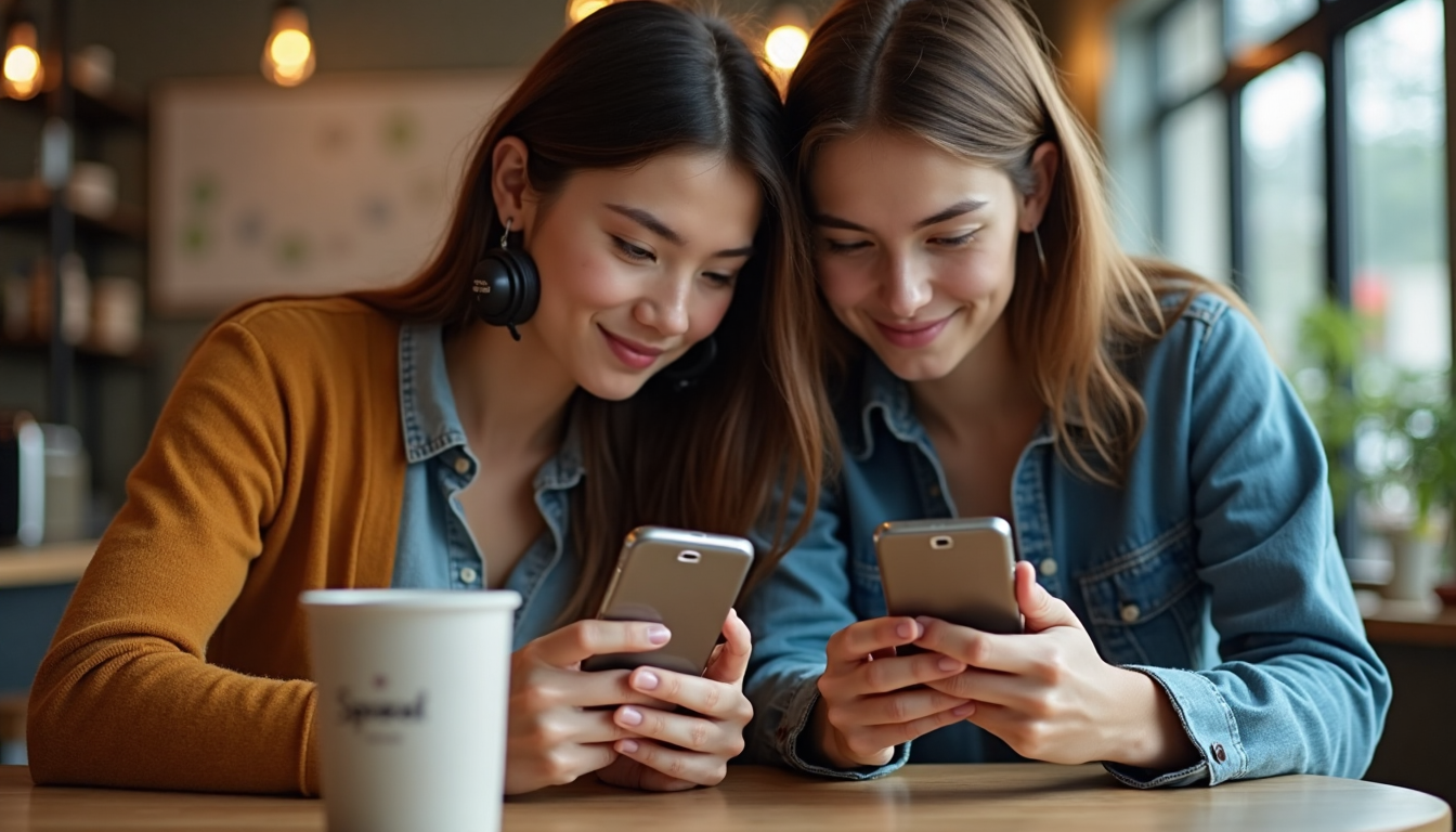 Two young adults in cafe, comparing mobile speed on phone screen that says Speed Matters