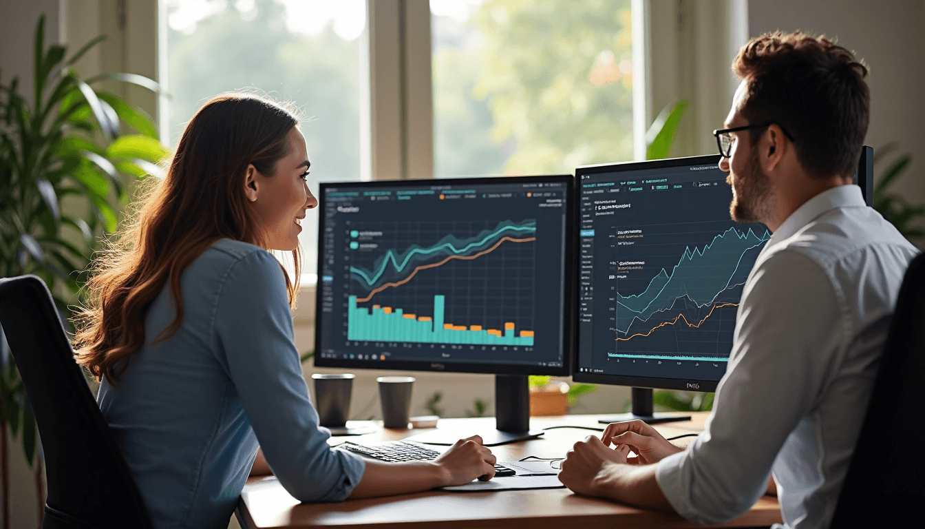 Analysts reviewing test charts with overlay text ‘Comprendre les tests’