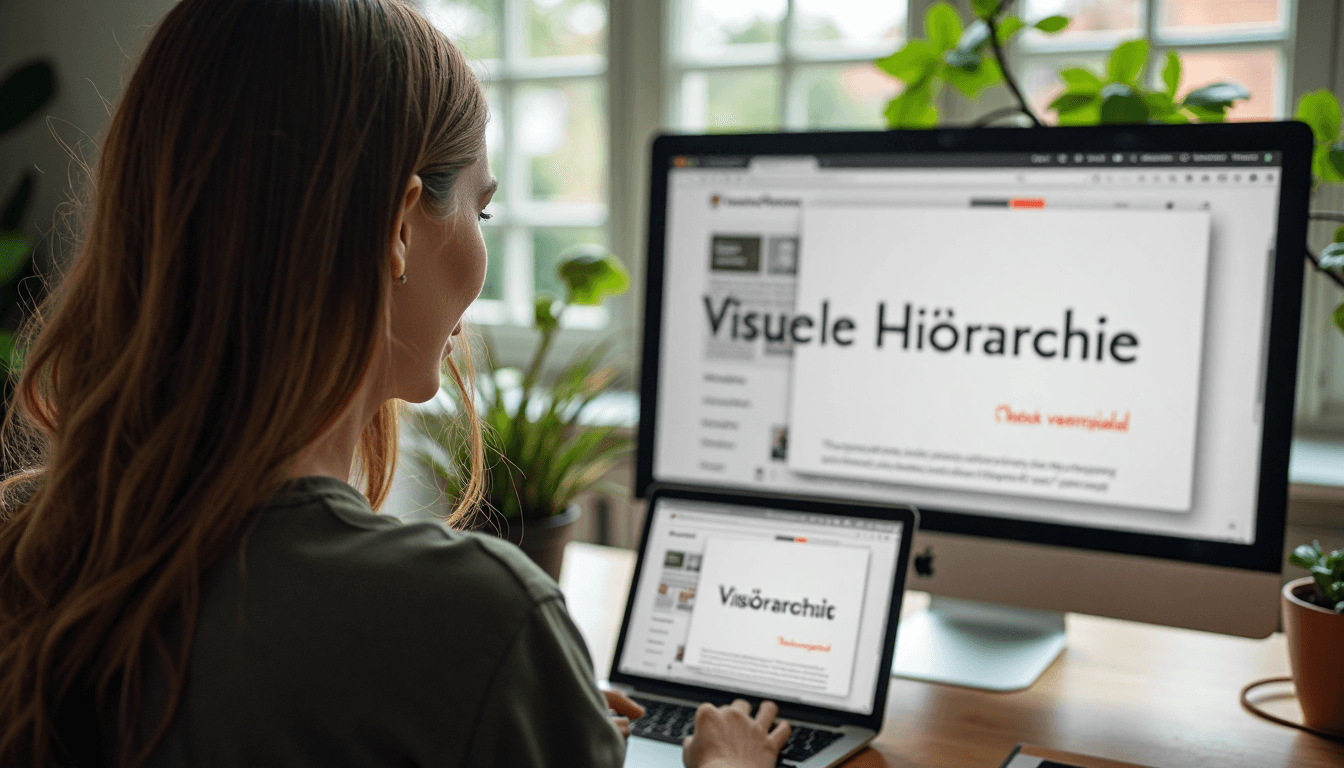 Vrouw werkt aan landingpagina, testimonial prominent op monitor