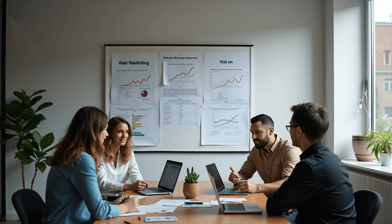 Marketing professionals discuss user testing around table with persona poster