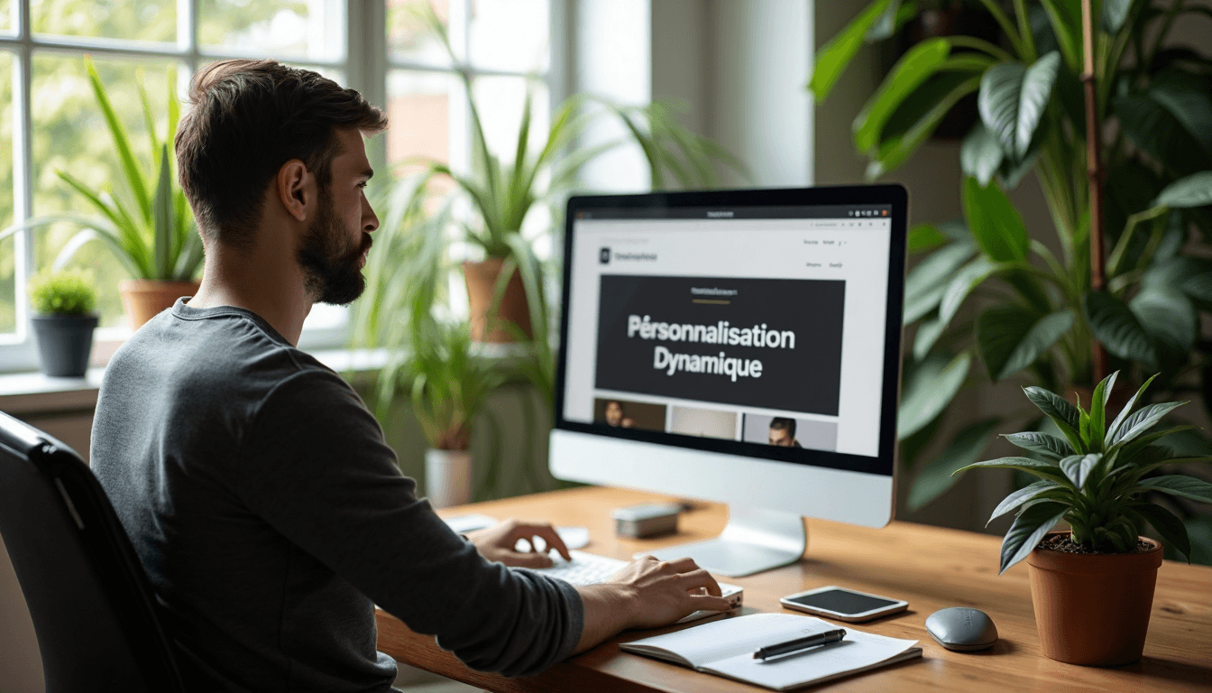 Designer annotating personalized landing page on computer monitor