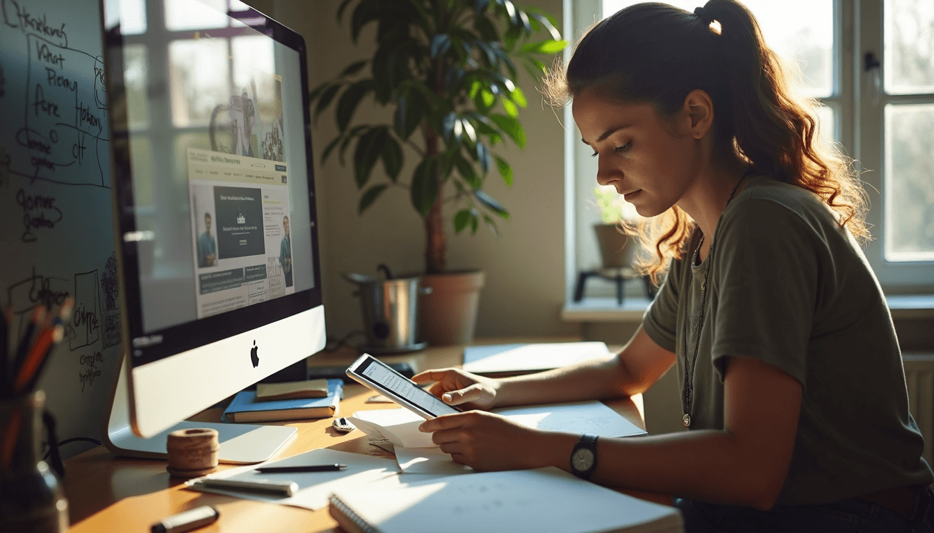 Home workspace with designer reviewing mobile site and error notes