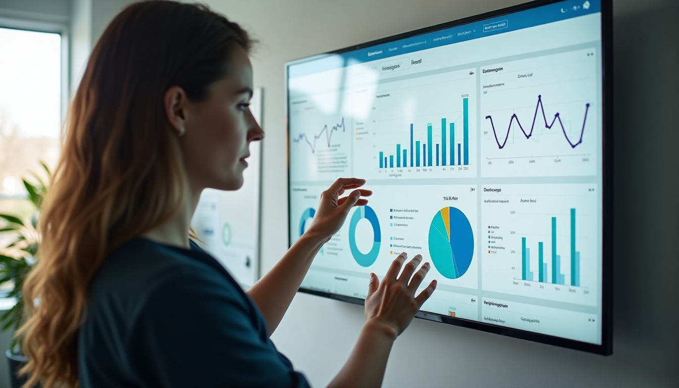 Digital marketer reviewing data sources dashboard in office