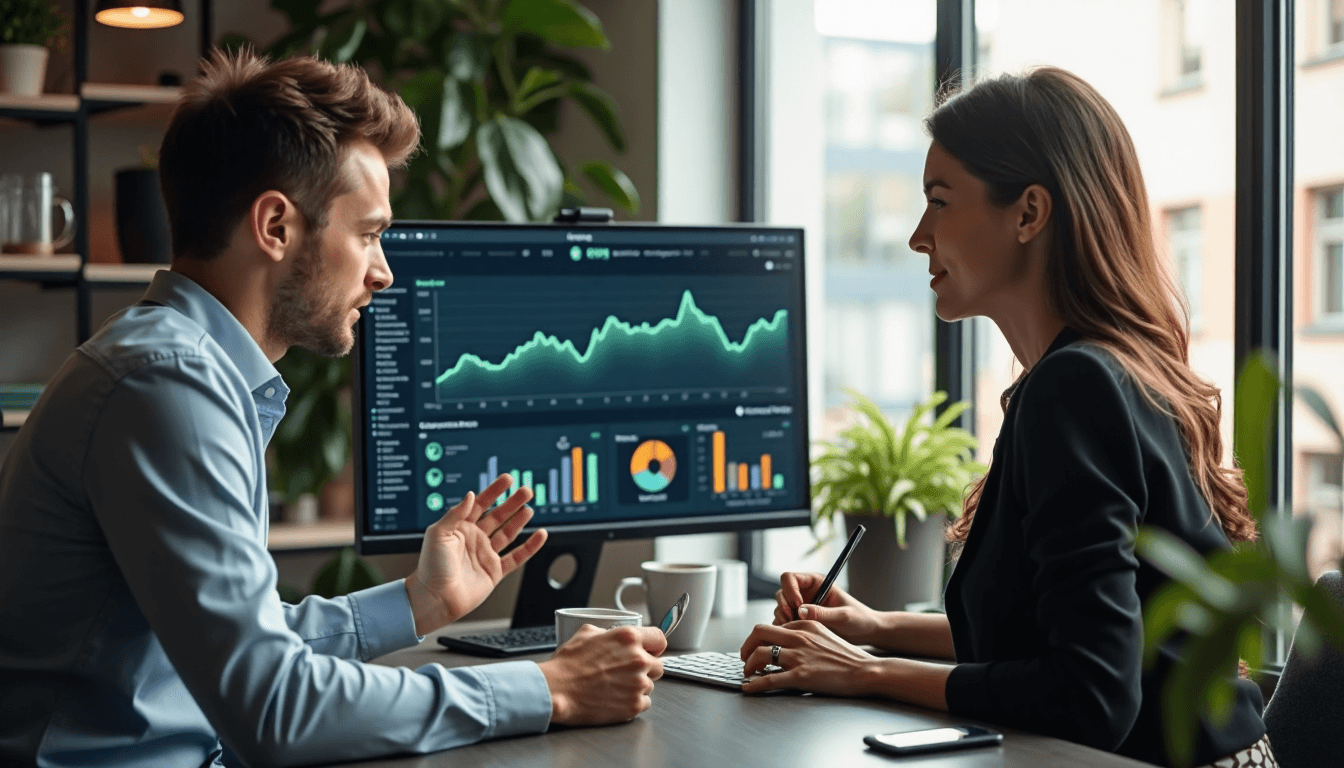 Professionals examining analytics with synergy banner on screen
