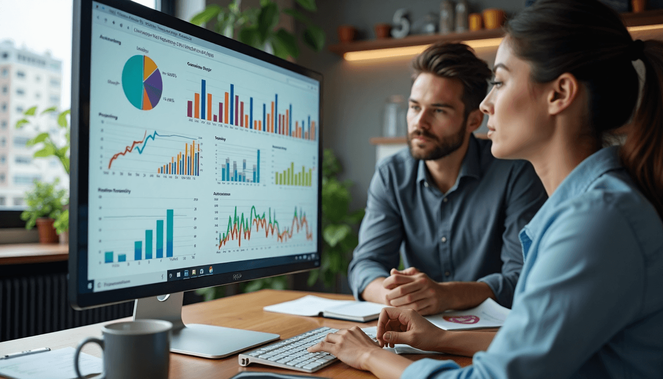 Marketer analyzes campaign ROI and efficiency metrics on office monitor