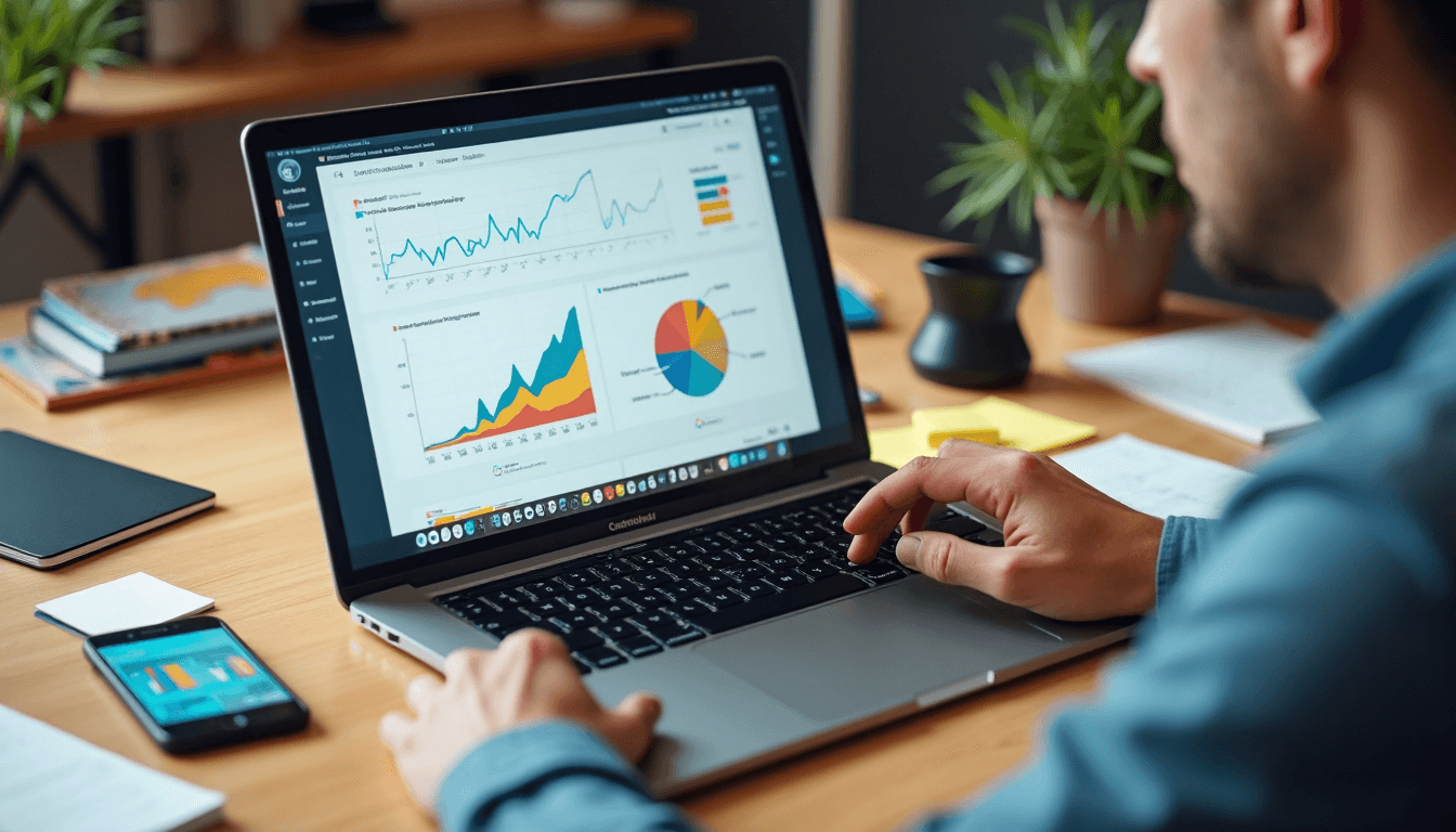 Person reviewing laptop analytics for user engagement metrics