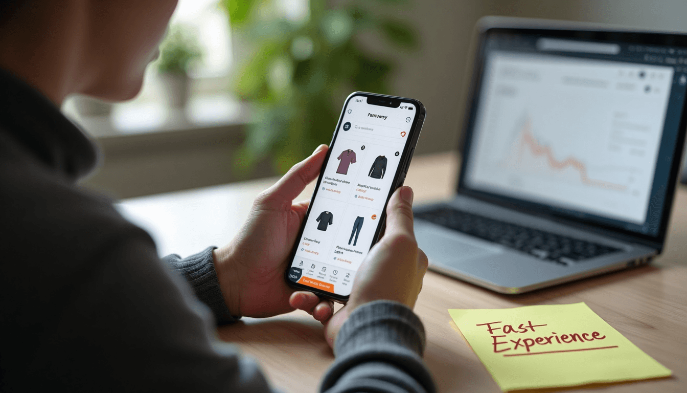 Person browsing mobile ecommerce site with focus on performance and user experience