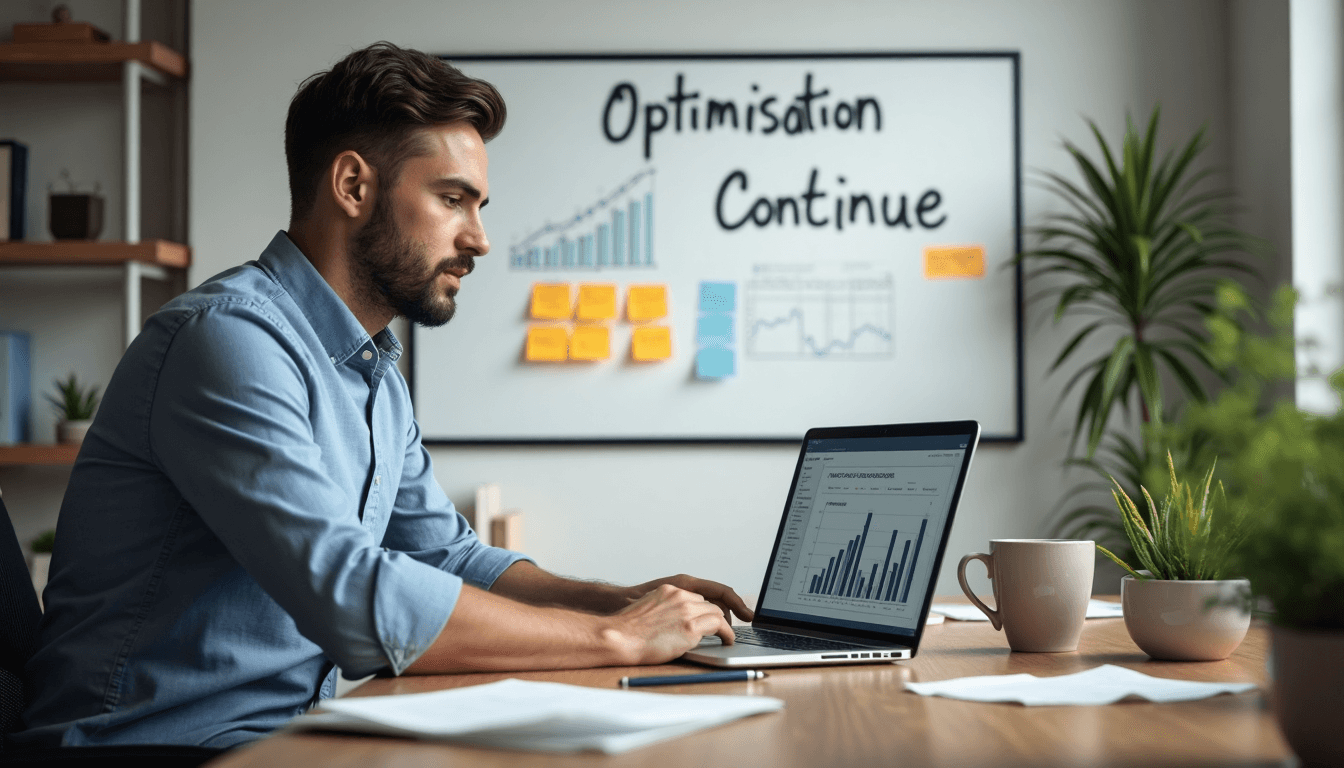 Professional reviewing conversion optimization on laptop with 'Optimisation Continue' whiteboard