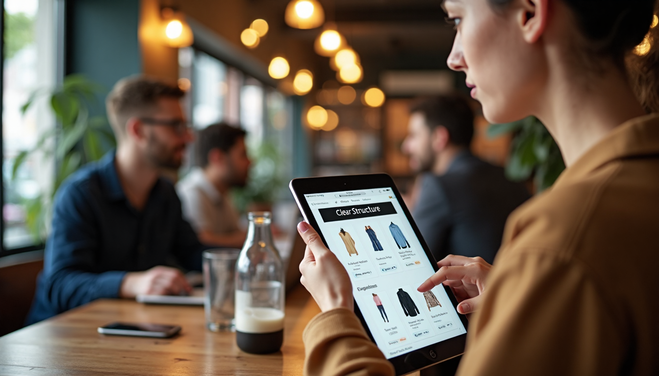 Shopper using tablet, mega menu open, 'Clear Structure' on menu