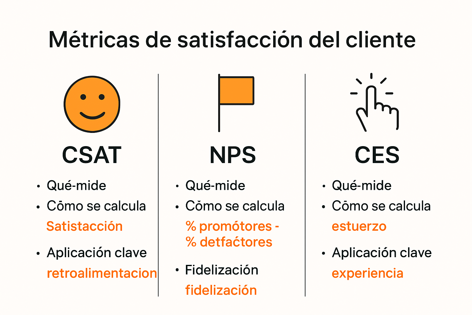 Infografía de principales métricas de satisfacción del cliente (CSAT, NPS, CES)