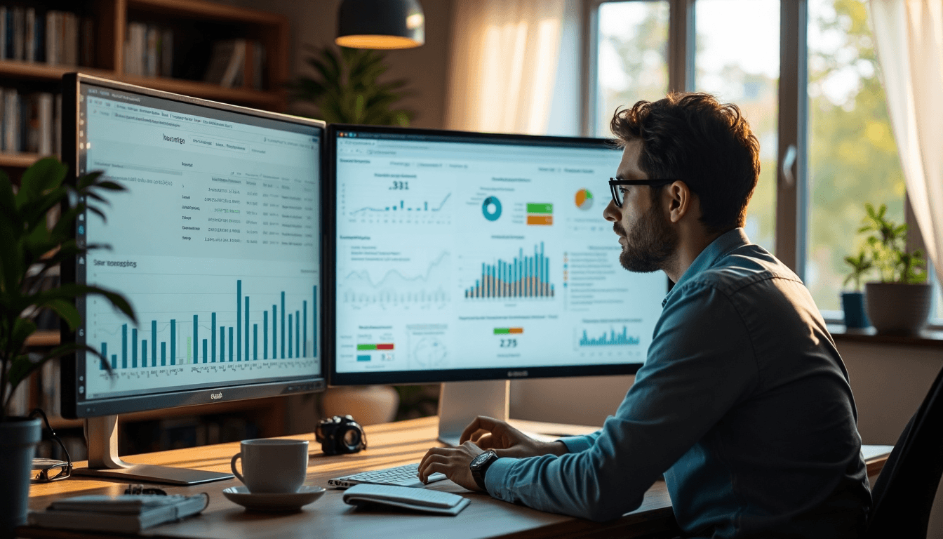 Analyst studies landing page analytics with 'Analyse des Résultats' on screen