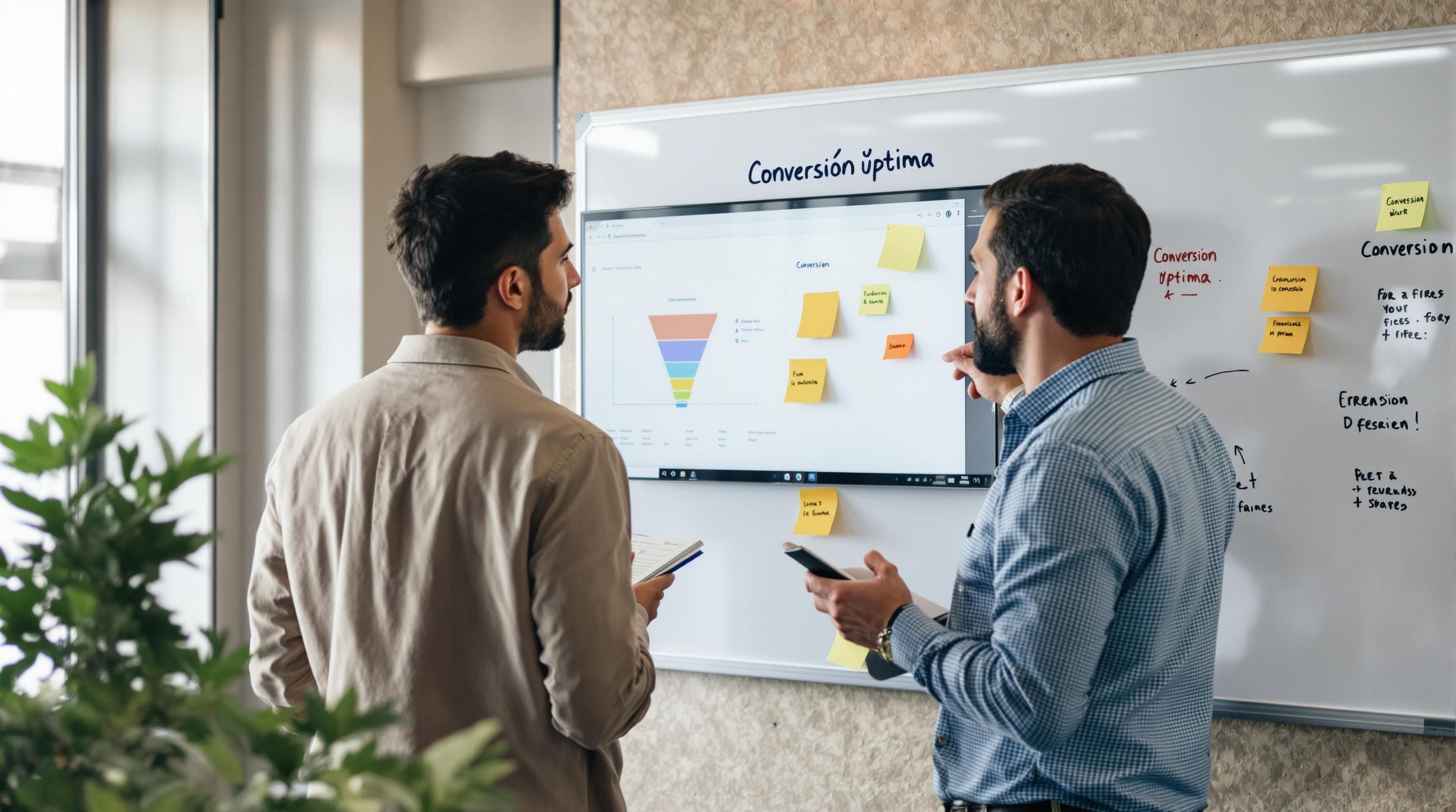 Marketers analyze conversion funnels with 'Conversión Óptima' on board and screen