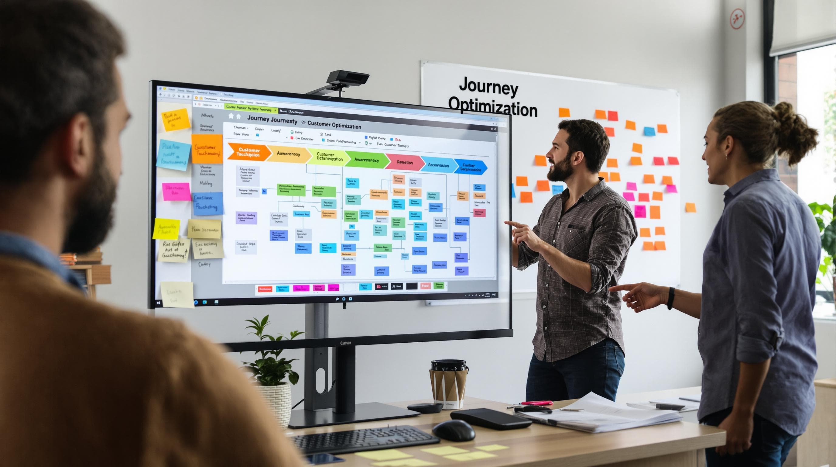 Marketer and team discussing customer journey optimization strategies