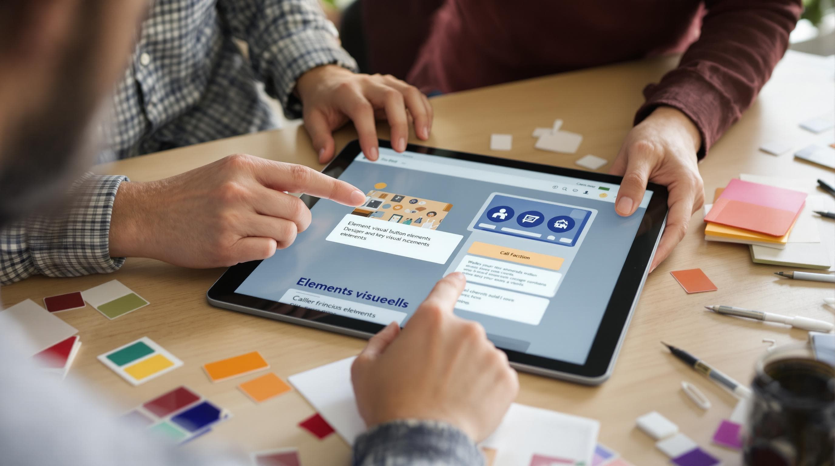 Designer and developer review website elements labeled 'Éléments visuels'