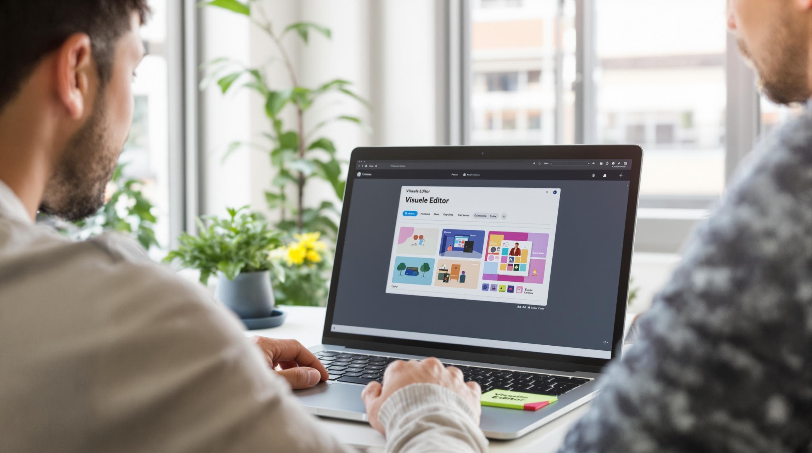 Marketers using a no-code A/B-test visual editor on a laptop