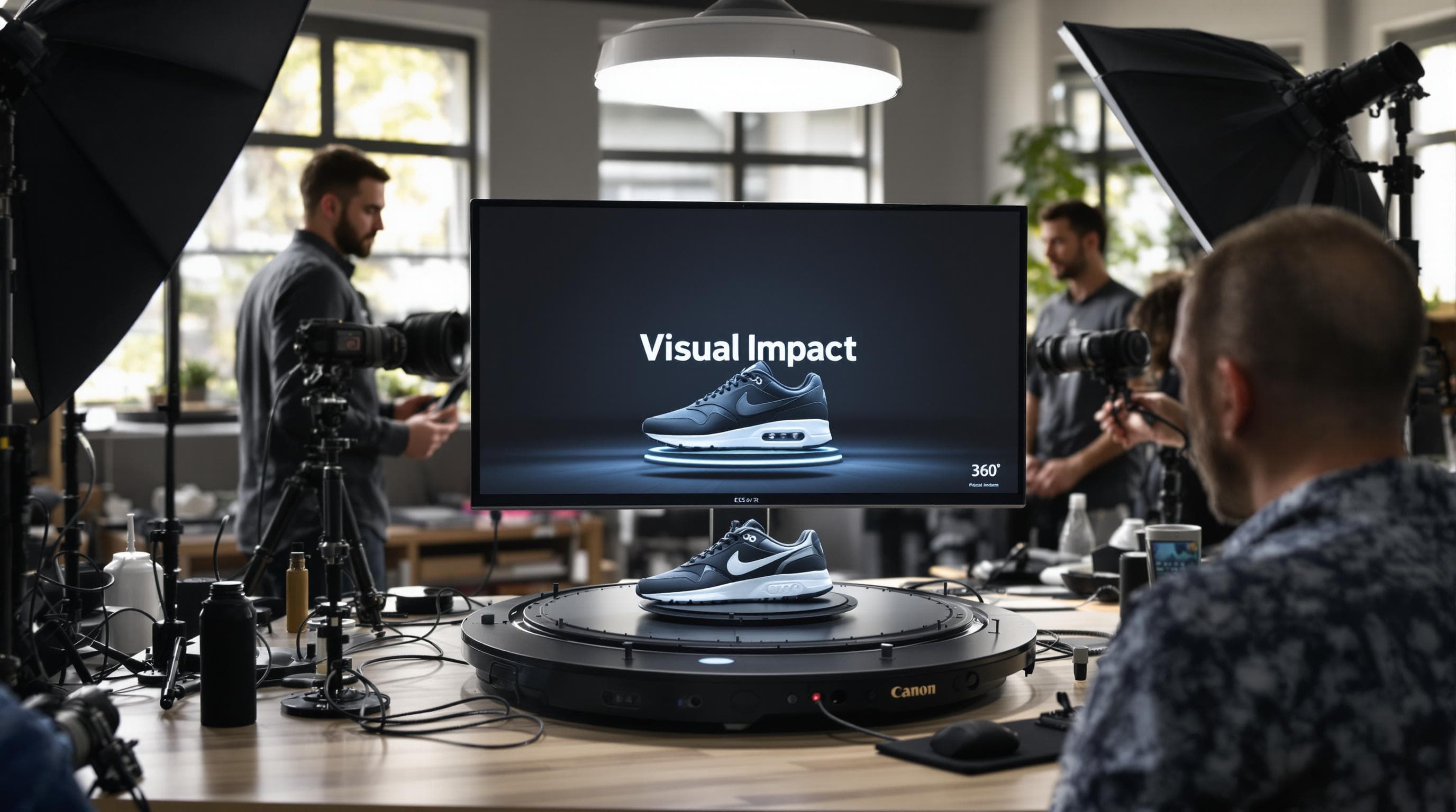 Photography team captures immersive product visuals labeled 'Visual Impact'