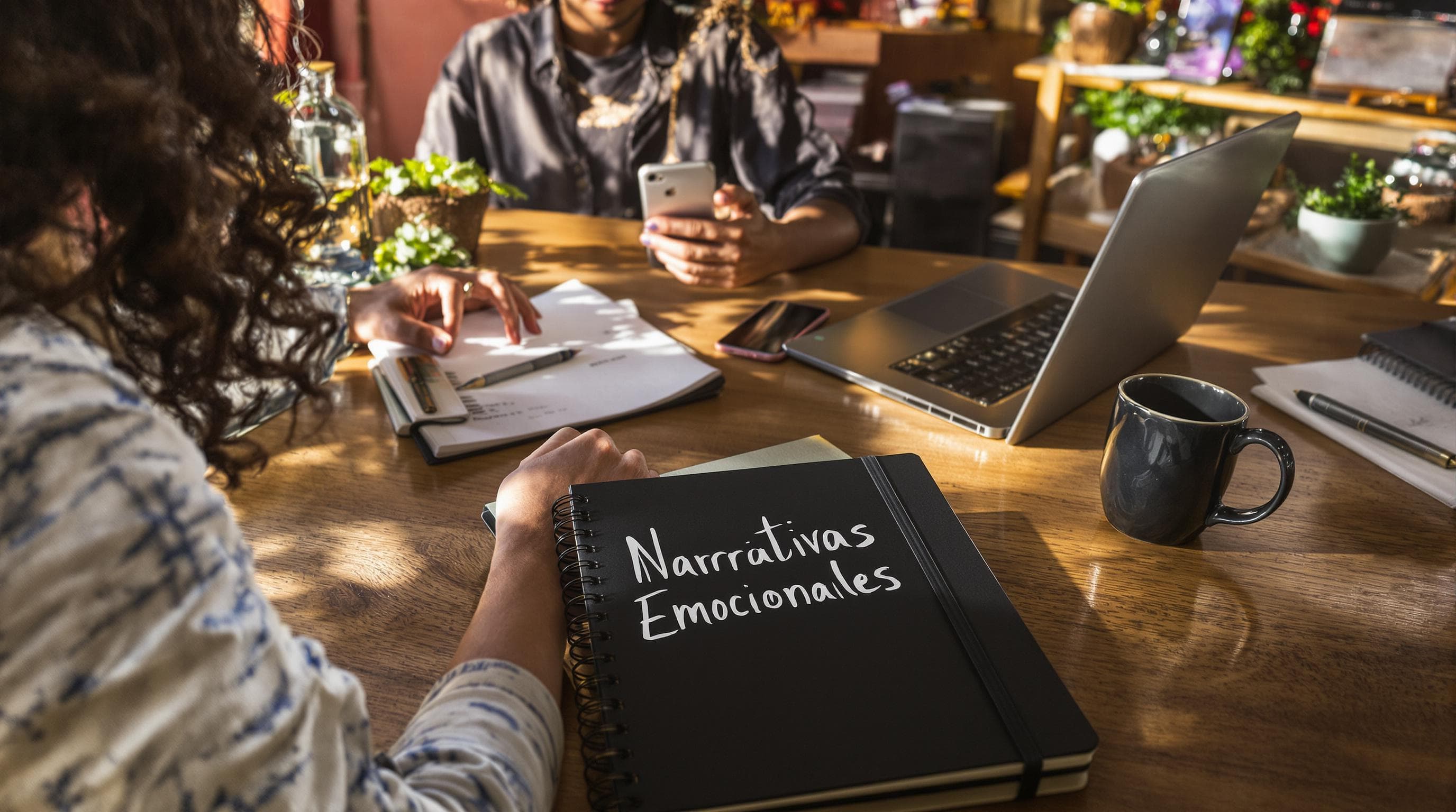 Professionals create Instagram stories with 'Narrativas Emocionales' in notebook