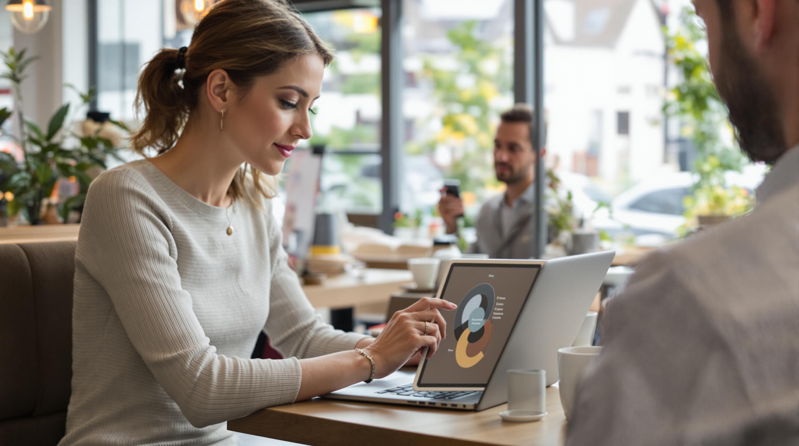 Frau analysiert Kundenverhalten auf Tablet im Café