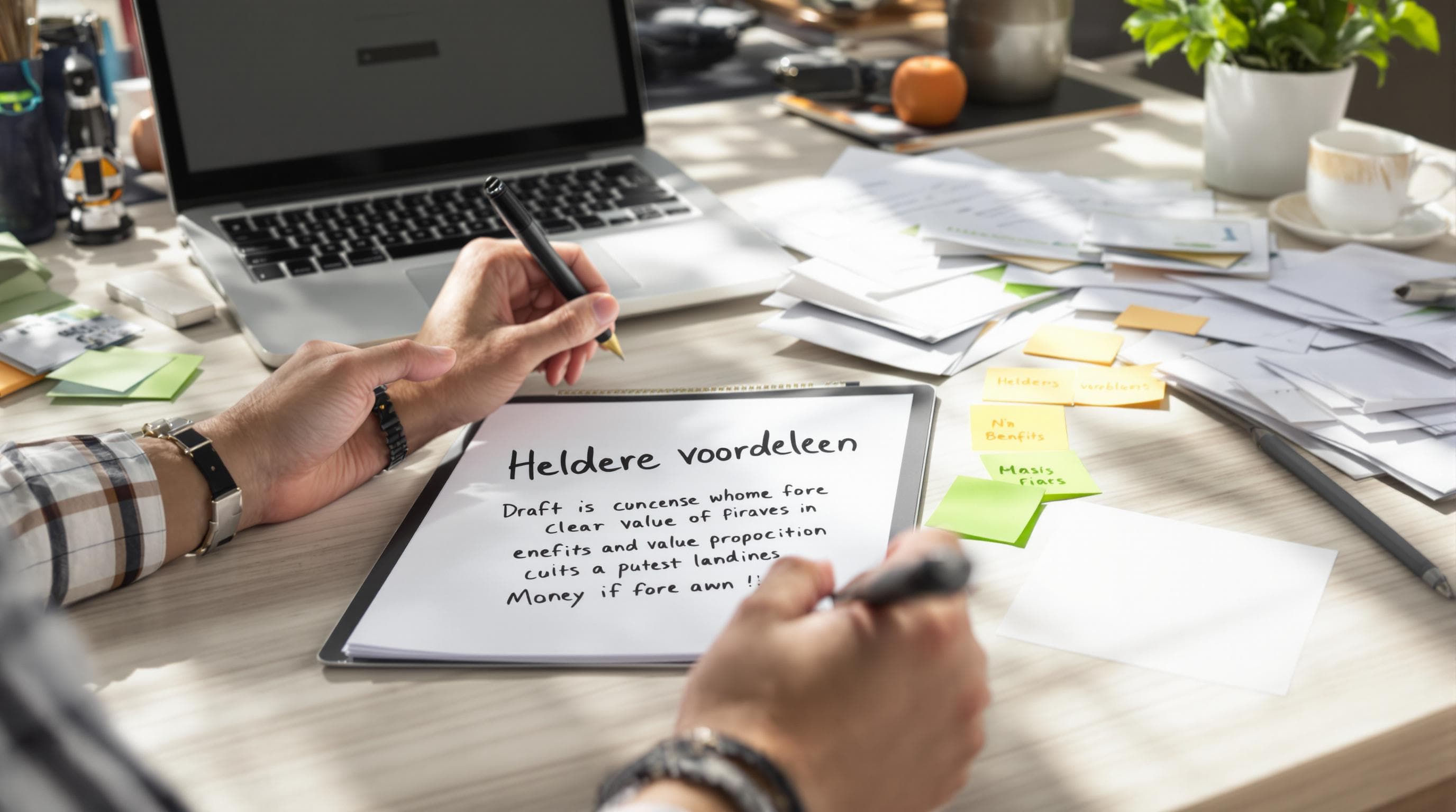 Zakenprofessional werkt aan heldere waardepropositie met notitie 'Heldere voordelen'