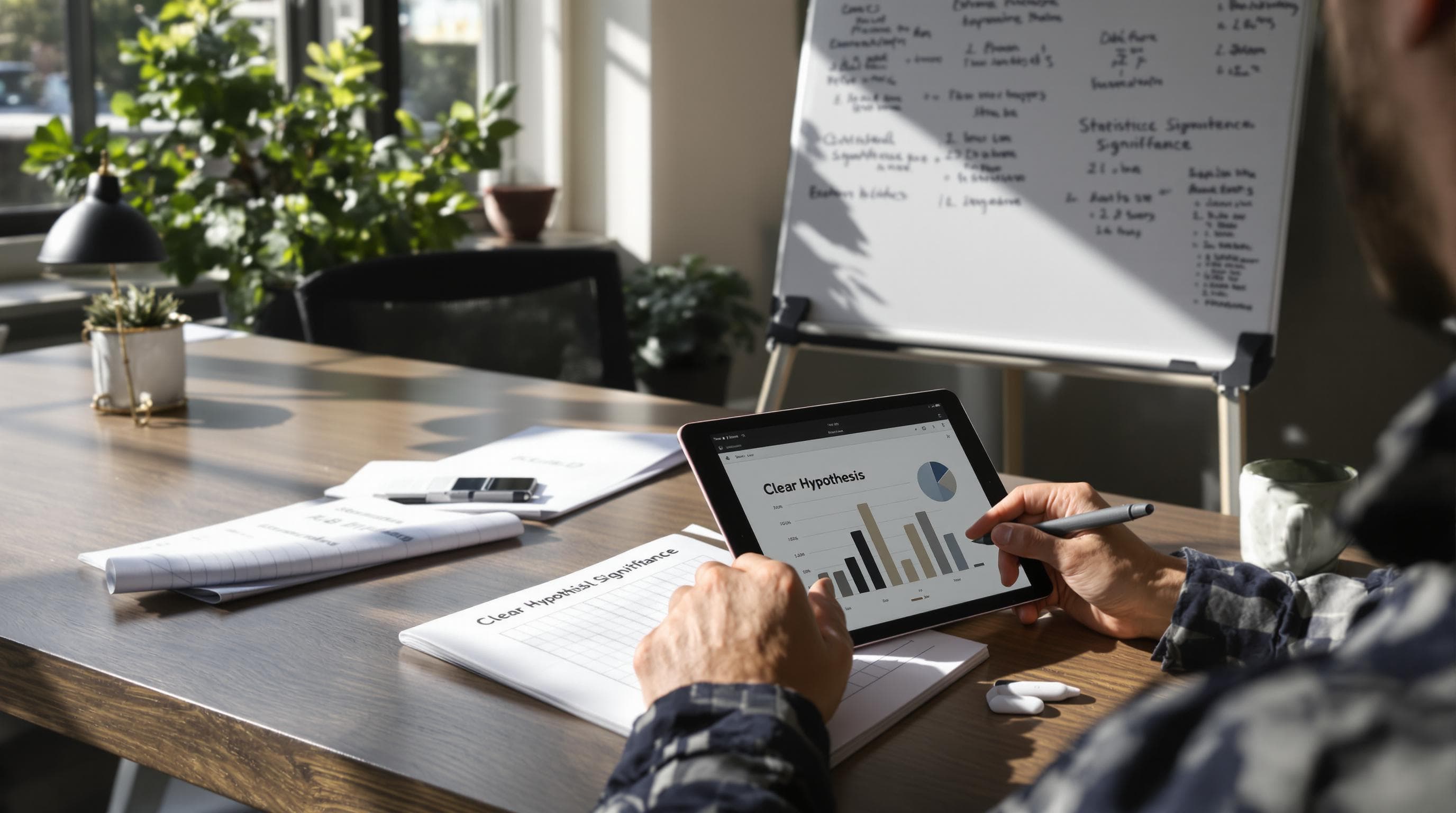 Marketer plans A/B test with hypotheses and whiteboard notes