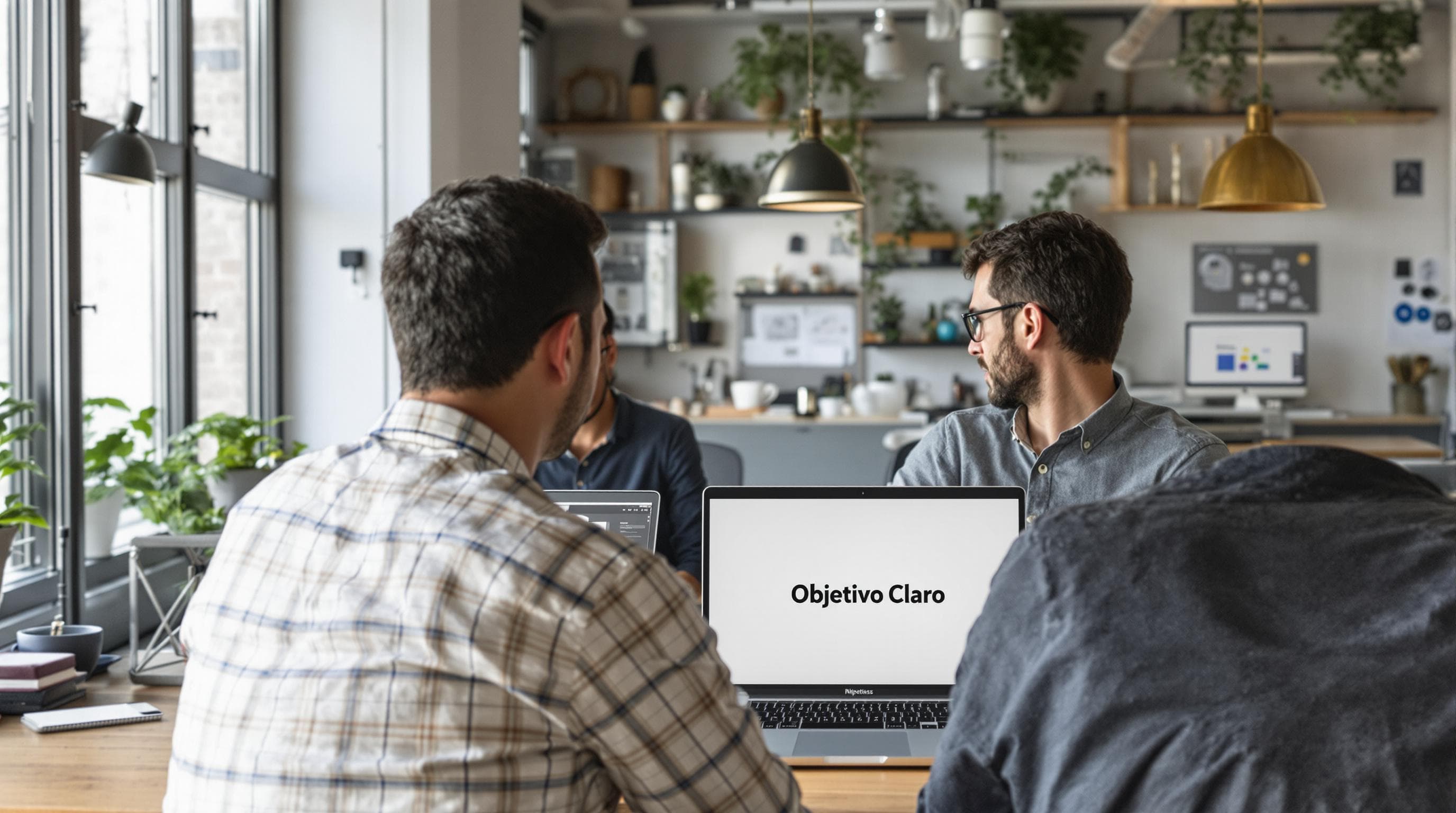 Diseñadores web revisando hipótesis y objetivos en pantallas de AB testing