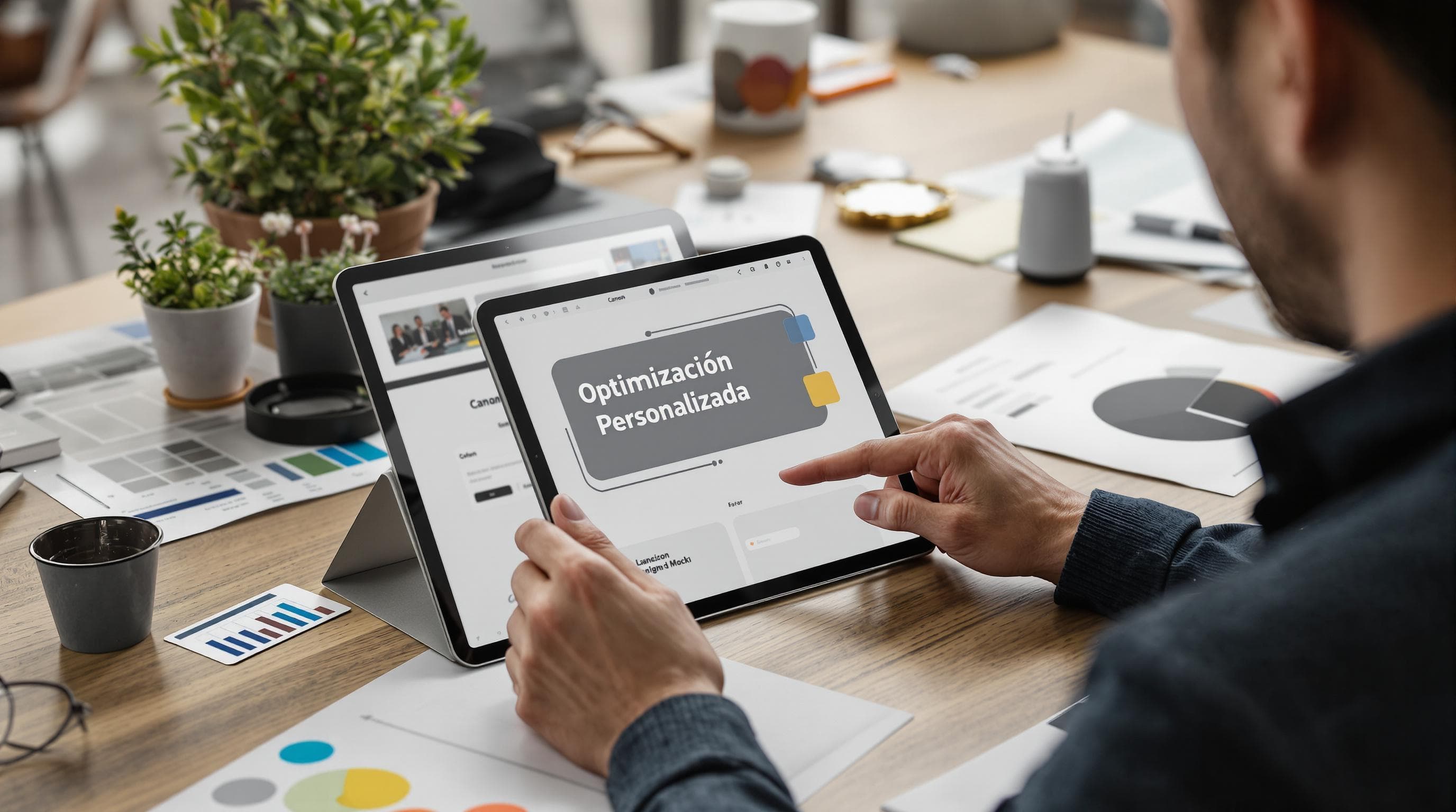 Marketers personalize landing page on tablet, overlay says Optimización Personalizada