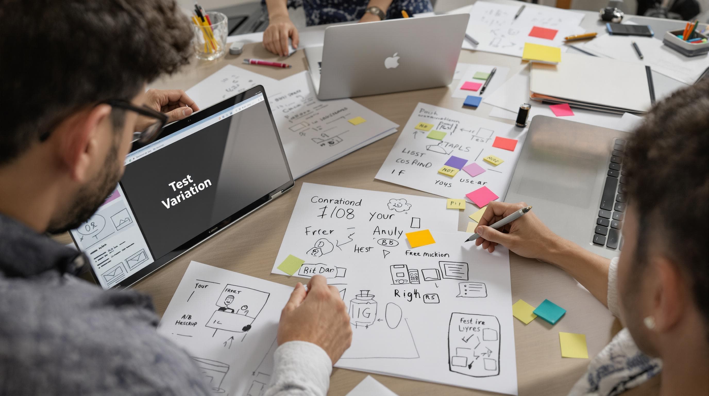Marketers creating and reviewing website A/B test variations together.