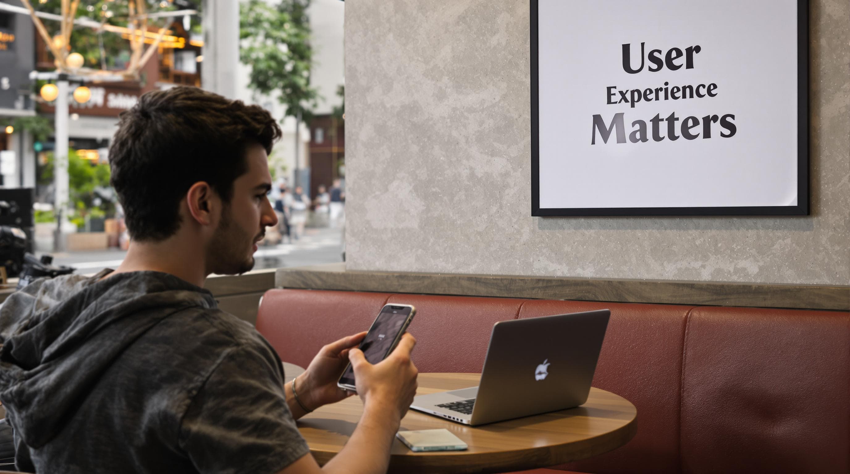 Person waits for slow landing page to load with User Experience Matters poster
