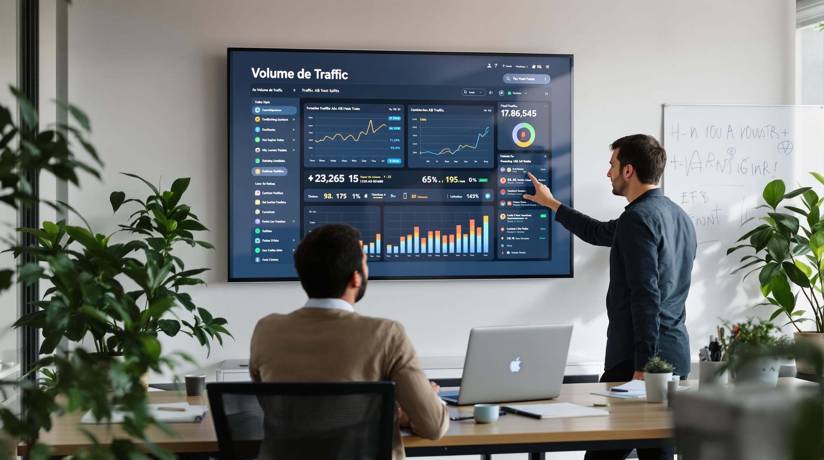 Professionals discuss web traffic and test data in modern office, 'Volume de Trafic' on dashboard